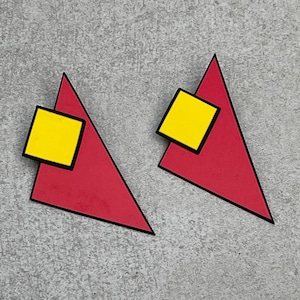 Red/Yellow Geometric Shapes Contemporary Vintage Earrings for Pierced Ears
