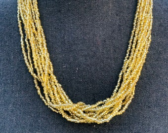 Multiple Strand Glass Seed Bead Necklace Gold Beaded Choker