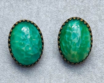 Örhängen i Pekingglas med vintage-stil, jadegröna ovala clips
