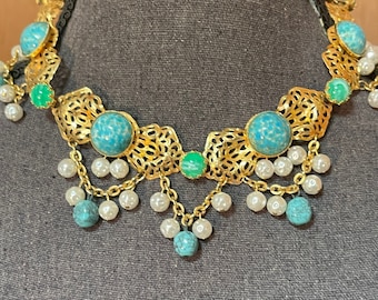 Turquoise Gold Choker Vintage Festoon Necklace with Pearls