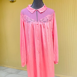 70s Pink Silky Lace Nightgown Vintage Sleep Shirt Dress