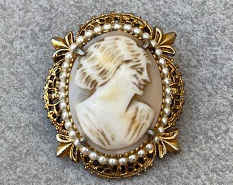 Broche Camée Ancienne Coquille Grèce Antique - Bijou Vintage En Pomponne, Occasion