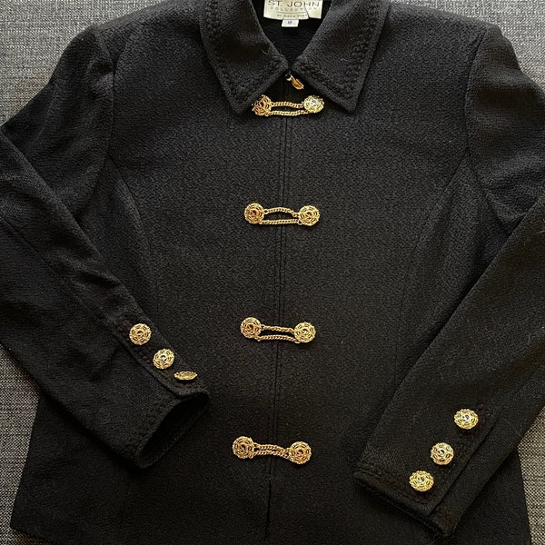 St John Blazer Gold Chain Buttons Vintage Black Knit Jacket 10
