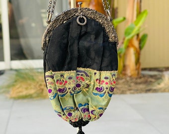 Bolso de borla antiguo retícula de seda marco de plata adornado mango de cadena bolso de noche vintage bolso de mano