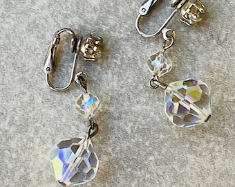 AB Crystal Dangle Earrings, Faceted Glass Aurora Borealis Beaded Clip Ons