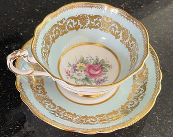 Paragon Vintage Footed Tea Cup and Saucer HM Queen / HM Queen Mary Fine English Bone China Set Blue Gold Pink Roses Colorful Flowers