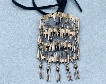 Brutalist Hanging Fringe Pendant Vintage Brass Necklace