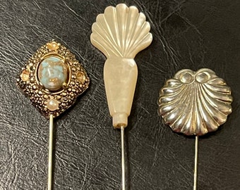 Vintage Hat Stick Pins Victorian Mother Of Pearl Silver Shell Turquoise Stone Cab Sarah Cov