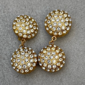 Italy signed Gold rhinestone dangle drop vintage clip on earrings