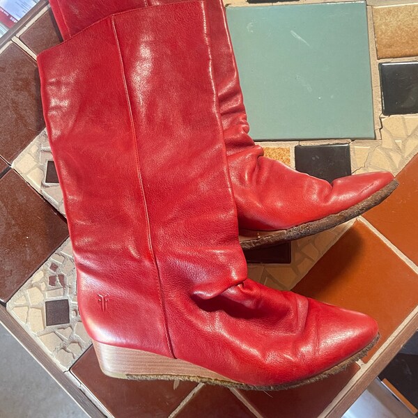 Frye Red Leather Tall Wedge Boots Size 8.5