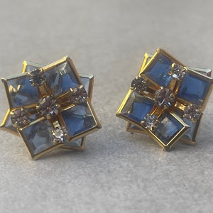 Blue Glass Squares Rhinestone Vintage Clip On Gold Earrings