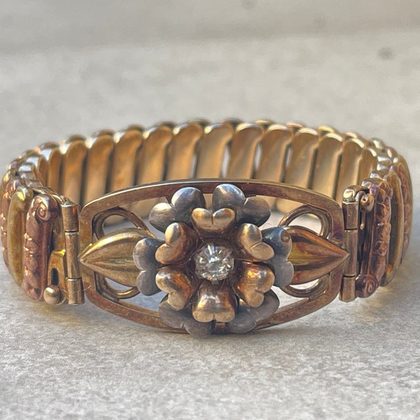 Lustern Gold Expansion Bracelet 12K Gold Filled on Sterling Rhinestone Flower