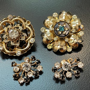 Vintage Clear/Black Rhinestone Brooch Lot Gold Flower Pins