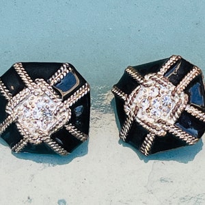 Kenneth Jay Lane Rhinestone Earrings Vintage KJL Black Clip Ons