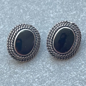 Sterling Black Onyx Oval Stone Vintage Earrings