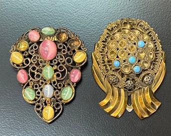 Pinces pour robe art déco vintage : filigrane orné de pierres de verre pastel (Lot de 2)