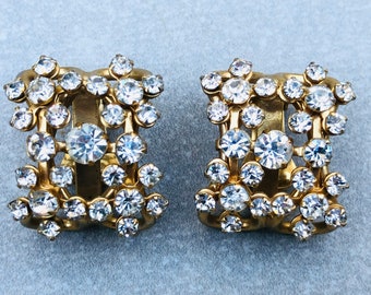 Ciner Style Huge Gold Rhinestone Earrings Vintage Statement Clip Ons