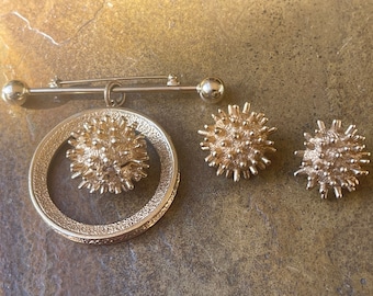 Castlecliff Brutalist Sputnik Demi Parure Gold Starburst Earrings Matching Brooch Vintage Jewelry Set MCM