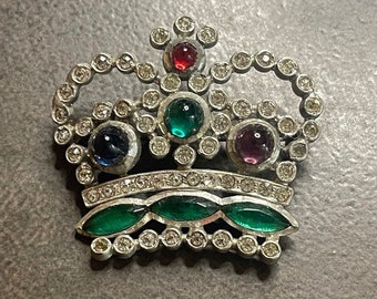 Gripoix Glass Crown Rhinestone Brooch Vintage Pin