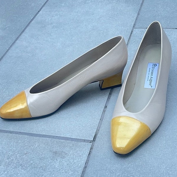 Vintage Etienne Aigner Leather "Anne Marie" Cap-Toe Block Heel Pump Yellow/Cream Heels Size 10