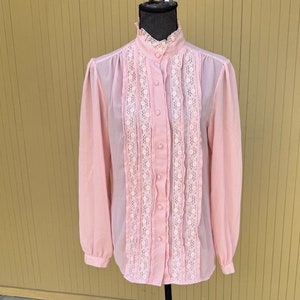 70s Pink Pleated Lace Vintage Secretary Blouse by Lloyd Williams