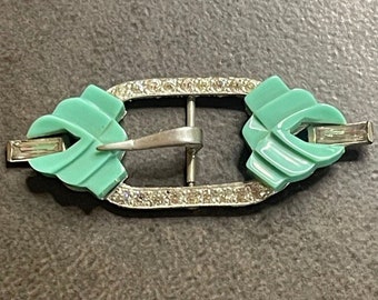 Art Deco Mint Bakelite Rhinestone Pot Metal Belt Buckle