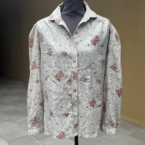 H Bar C Western Shirt 70s Ladies Cream Polyester Floral Vintage Blouse Size 38