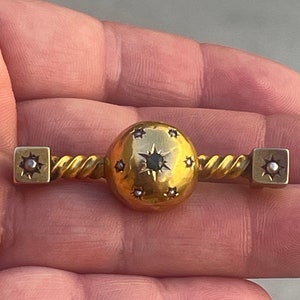 Antique Victorian 18K Yellow Gold Bar Brooch Etruscan Inset Pearls Dome Pin