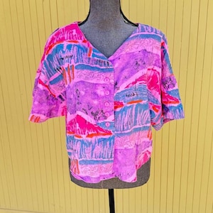 Vintage 80s Geometric Abstract Crop Top Boxy Fit Shirt by Sauci Size Large