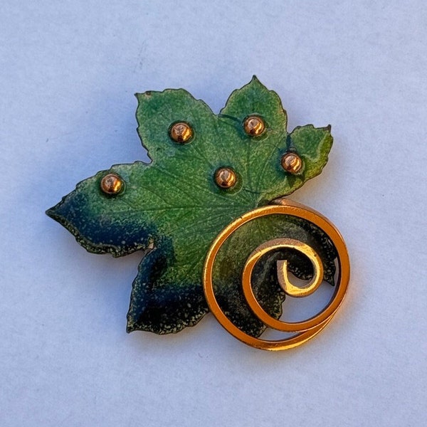 Matisse Copper Green Enamel Leaf Brooch Signed Vintage Pin