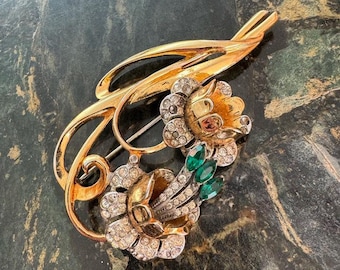 Coro Green Rhinestone Flower Brooch Vintage Signed Large Pin