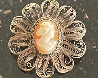 Sterling Silver Filigree Cameo Brooch Victorian Pin