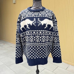 Vintage Gap Hand Knit Wool Sweater Deer Fighting Ugly Sweater Christmas Party Large