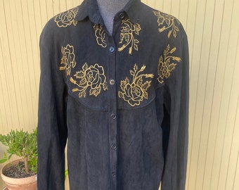 Suede Western Shirt Gold Embroidered Roses Medium