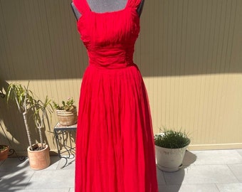 1950s Red Tulle Cocktail Dress Long Formal Maxi Gown Prom Bridesmaid Evening Wear