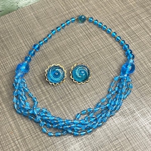 Blue JAPAN Art Glass Beaded Necklace + Earrings Matching Vintage Jewelry Set