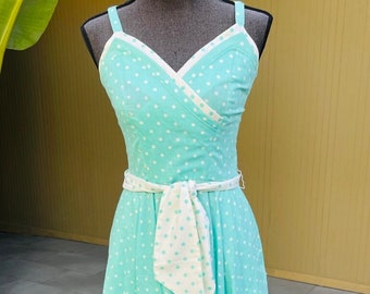 70s Polka Dot Dress Minty Green Tie Waist Vintage Sundress