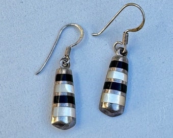 Sterling Onyx Mother of Pearl Inlay Silver Dangle Teardrop Earrings