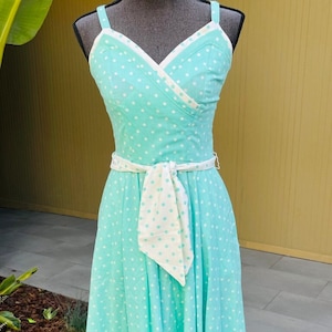 70s Polka Dot Dress Minty Green Tie Waist Vintage Sundress