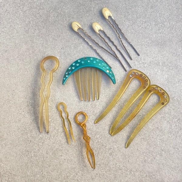 Antique Celluloid Rhinestone Hair Comb Vintage Hair Pins LOT