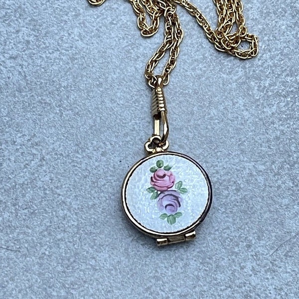Goldette Hand Painted Rose Locket Gold Chain Fob Necklace