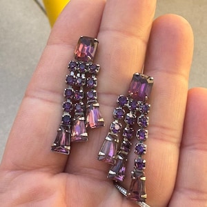 Purple Glass Chandelier Dangle Earrings Vintage Amethyst Crystal Rhinestone Screw Backs