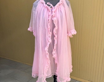 1960s Mode O&#39;Day Pink Peignoir Set Vintage Babydoll Lingerie Robe Nightgown