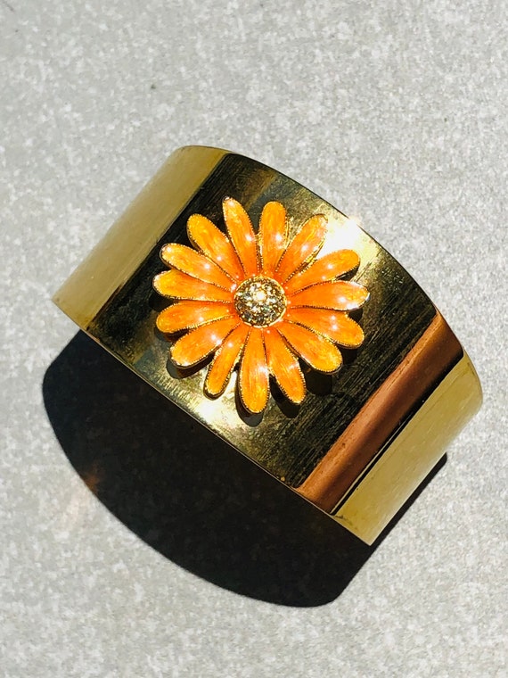 Wide Gold Cuff Bracelet Vintage Orange Enamel Rhin