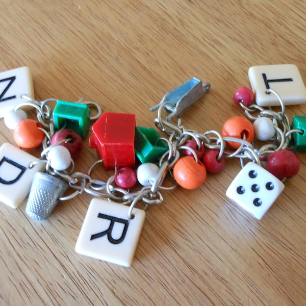 Quirky Vintage Charm: Scrabble Tiles Bracelet with Monopoly Game Pieces