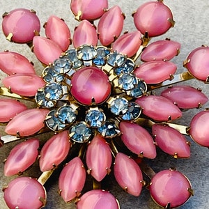 Schreiner Style Pink Opaque Glass Flower Brooch Crystal Jewels Vintage Pin