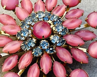 Schreiner Style Pink Opaque Glass Flower Brooch Crystal Jewels Vintage Pin
