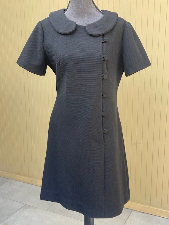 60s Black A-line Dress Offset Buttons Peter Pan Collar