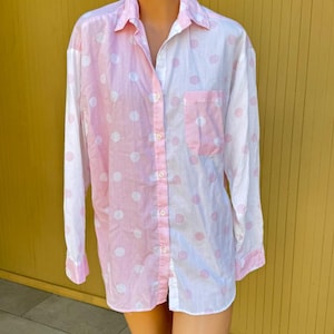 90s Pink/White Polka Dot Button Up Blouse Vintage Shirt by Mixed Blues Large