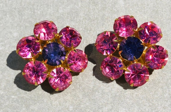 Marie Ferra pink/purple rhinestone flower clip on… - image 1